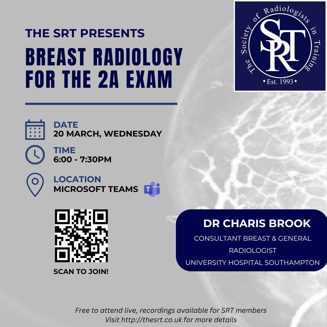 We are excited to present our upcoming webinar ‘Breast Radiology for the 2A Exam’ free for all to attend live! The session will be delivered by Dr Charis Brook, Consultant Breast and General Radiologist at University Hospital Southampton. #FOARad #frcrpart2A #breastradiology