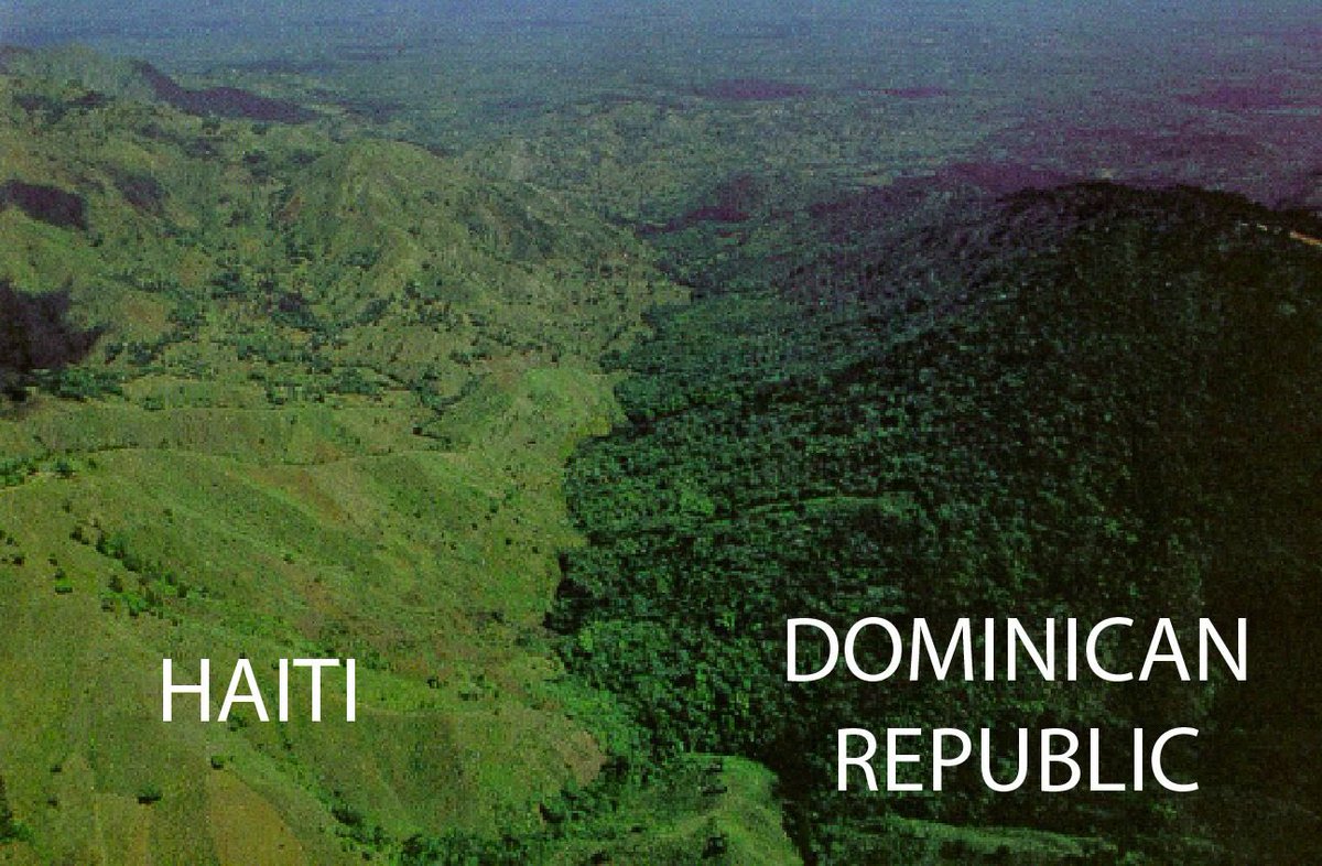Dominican Republic-Haiti border. One country protects its forests, the other cuts them.