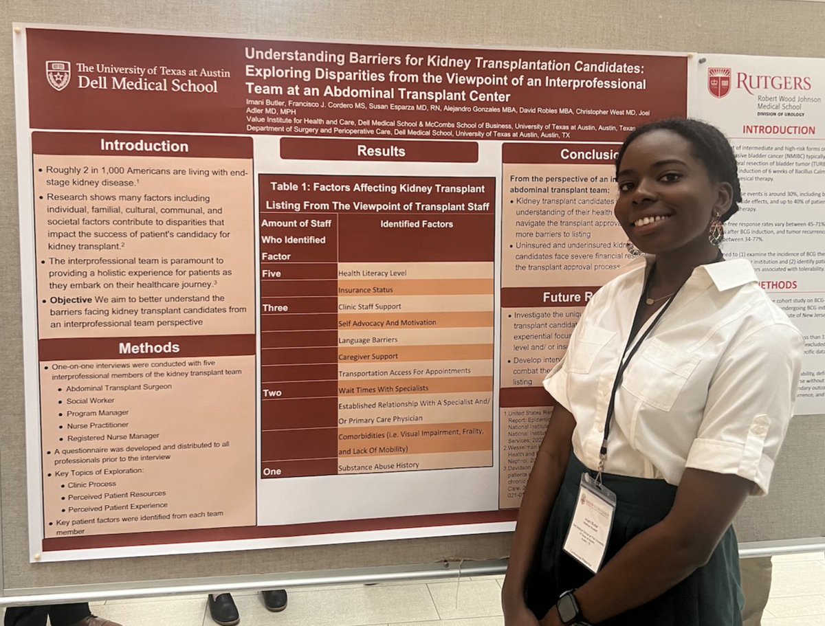 Imani Butler (@imanibutler11) on Twitter photo Had delightful time at the New England Student Urology Symposium <a href="/nesus_brown/">NESUS</a> <a href="/BrownUrology/">Brown Urology</a>
Happy to represent @UTexasValue <a href="/DellMedSchool/">Dell Medical School</a> by sharing perceived barriers kidney transplant patients face from the perspective of the interprofessional transplant team. Had delightful time at the New England Student Urology Symposium <a href="/nesus_brown/">NESUS</a> <a href="/BrownUrology/">Brown Urology</a>
Happy to represent @UTexasValue <a href="/DellMedSchool/">Dell Medical School</a> by sharing perceived barriers kidney transplant patients face from the perspective of the interprofessional transplant team.
