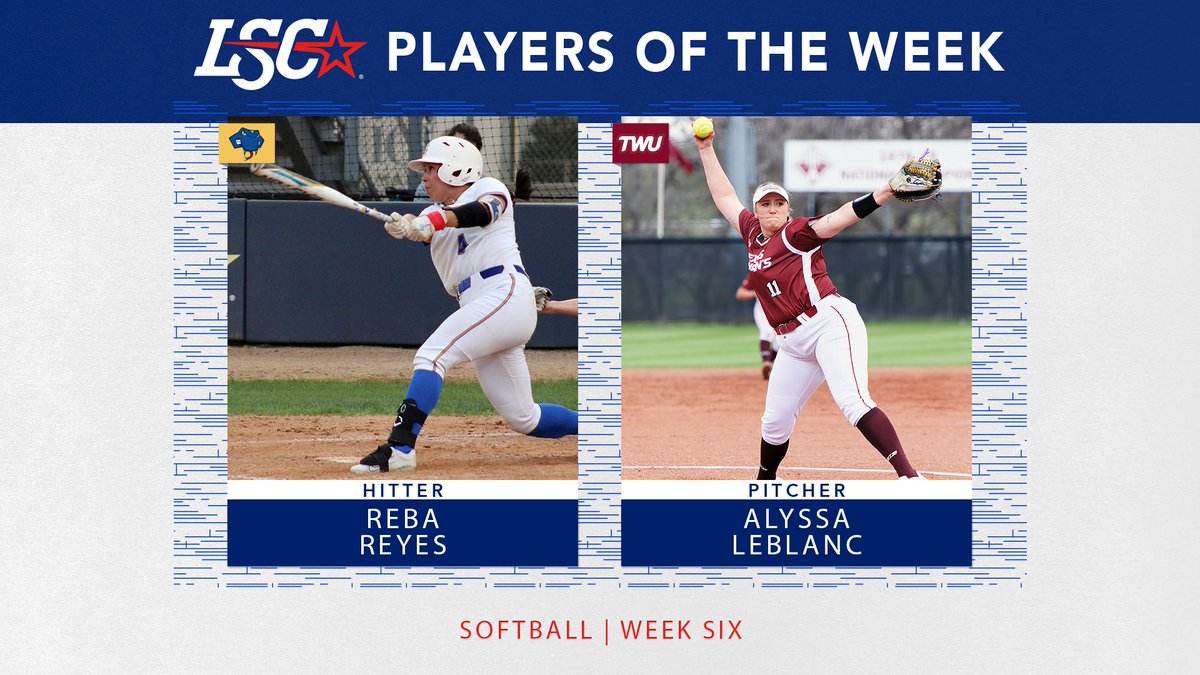 #LSCsb Players of the Week #6 🥎

Hitter: Reba Reyes, <a href="/StMarysRattlers/">St. Mary's Rattlers</a>

Pitcher: Alyssa LeBlanc, <a href="/twupioneers/">Texas Woman's Pioneers</a> 

🔗 bit.ly/48SPZLv

#D2SB