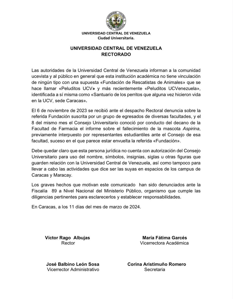Debe quedar claro que <a href="/peluditosucv/">Fundación Peluditos UCVenezuela</a> no cuenta con autorización del <a href="/CUUCV_oficial/">Consejo Universitario UCV Oficial</a> para el uso del nombre, símbolos, insignias, siglas u otras figuras que guarden relación con la UCV.