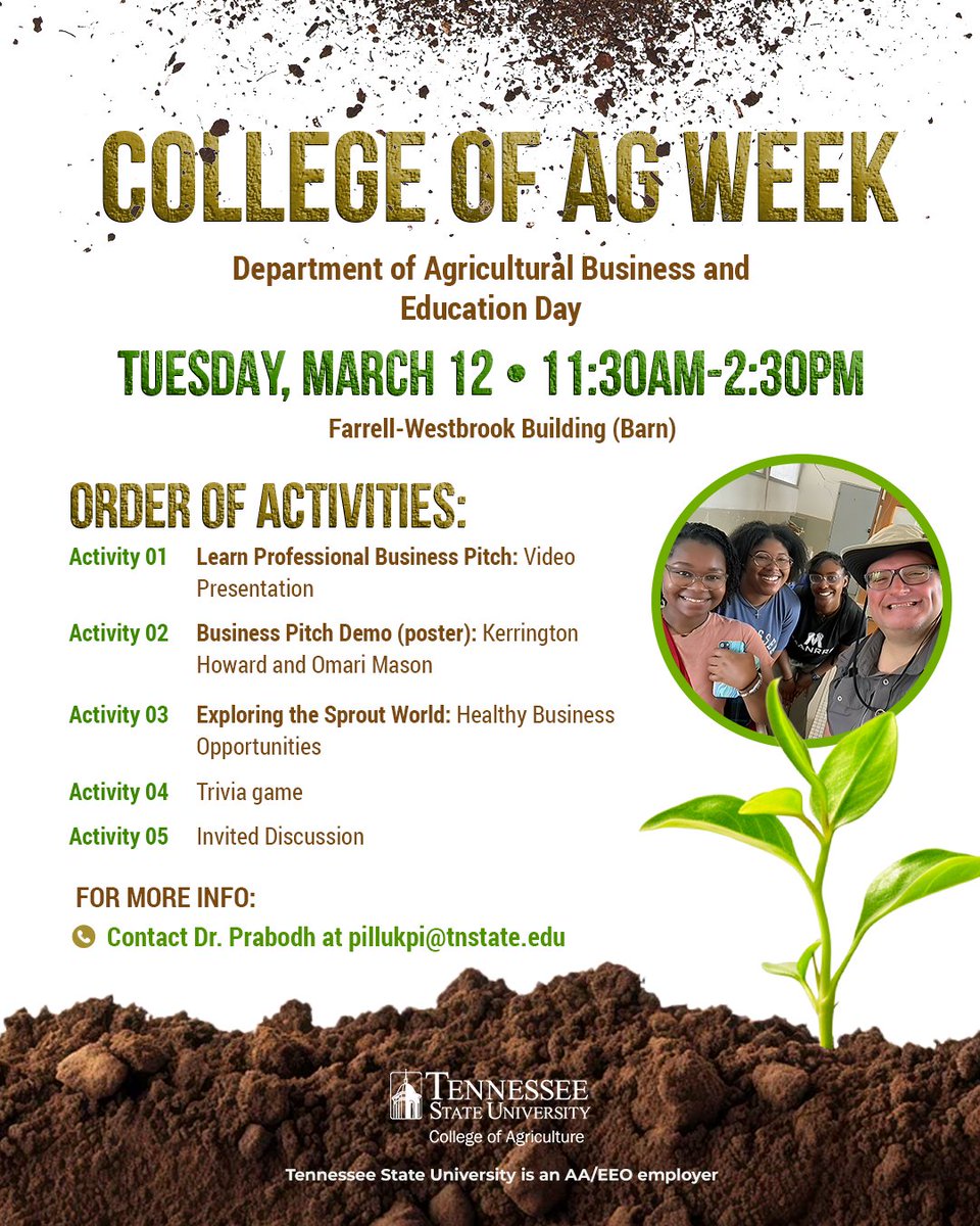 TSUCollegeofAG's tweet photo. πΎ #TSUAgWeek2024 Update! Tomorrow, join us for Agricultural Business and Education Day at the Barn from 11:30 am to 2:30 pm. Highlights include a professional business pitch video and demo, a trivia game, and more. Don't miss out! ππ #AgriculturalBusiness #tsuagweek2024 https://t.co/WNe5xkZM44