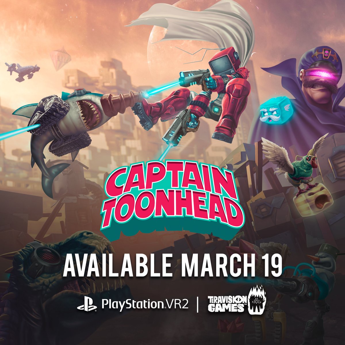 🚨 The Aero-C.A.A.T. is out of the bag! Your favorite chancla wielding VR tower defense adventure is coming to PlayStation VR2 NEXT WEEK! You will be able to get Captain ToonHead vs The Punks from Outer Space on the @PlayStation Store starting this March 19 Wishlist now! 🙌🔥