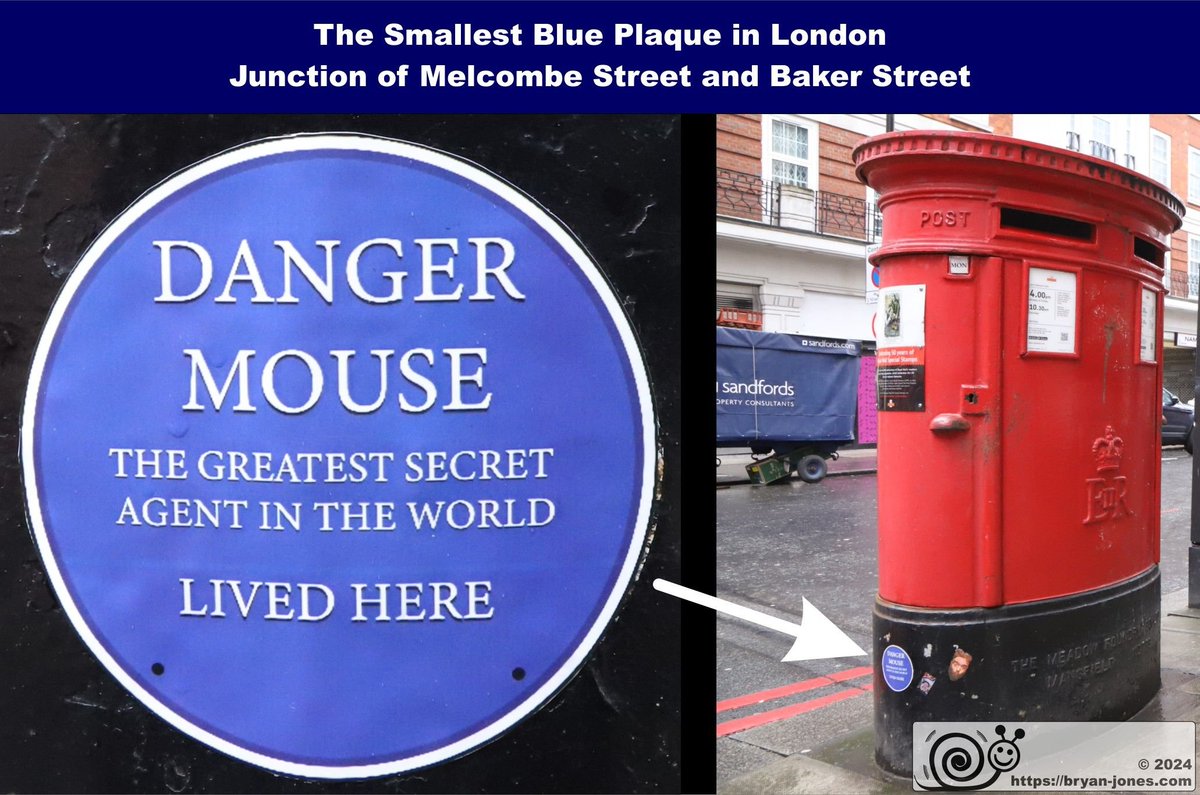 The smallest blue plaque in London: 'Danger Mouse Lived Here'. The secret agent has his own blue plaque on the post box in which he lived. He, and his sidekick Penfold, kept busy defeating the evil Baron Silas Greenback. #dangermouse #postbox #plaque #blueplaque #bakerstreet