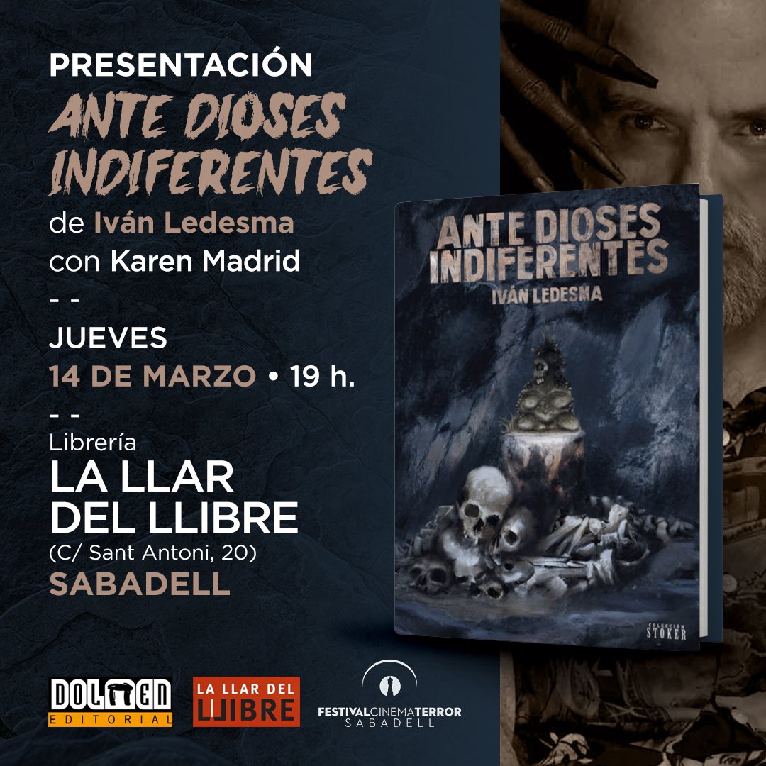 Este jueves, dentro de los actos del Festival de Cine de Sabadell, @SBDFilmFestival, habrá una parada del tour de @Ivanledesma presentando, aquí escoltado por @KMadrid_Ribas, su novela ANTE DIOSES INDIFERENTES (@DolmenEditorial) en la librería @LaLlardelLlibre. ¡Avisados estáis!
