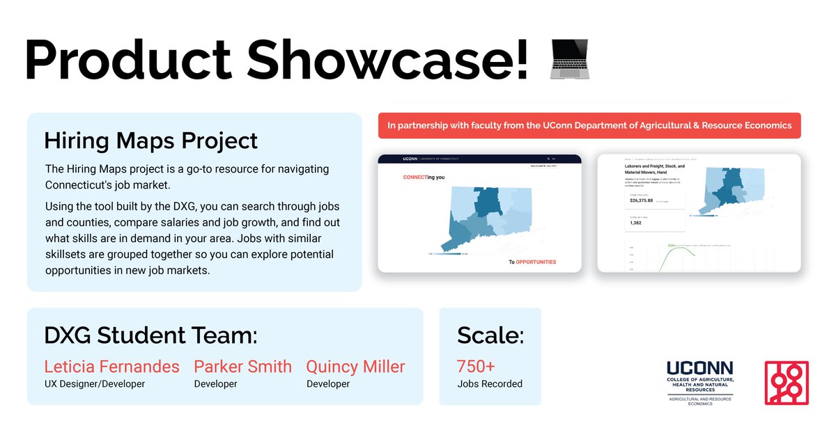 uconndxgroup's tweet photo. We’re excited to showcase one of the products we've worked on in collaboration with faculty from the UConn Department of Agricultural &amp; Resource Economics: The Hiring Maps Project! (@UConnCAHNR) 

Stay tuned for more! 👀 https://t.co/8zFQZyVGe6