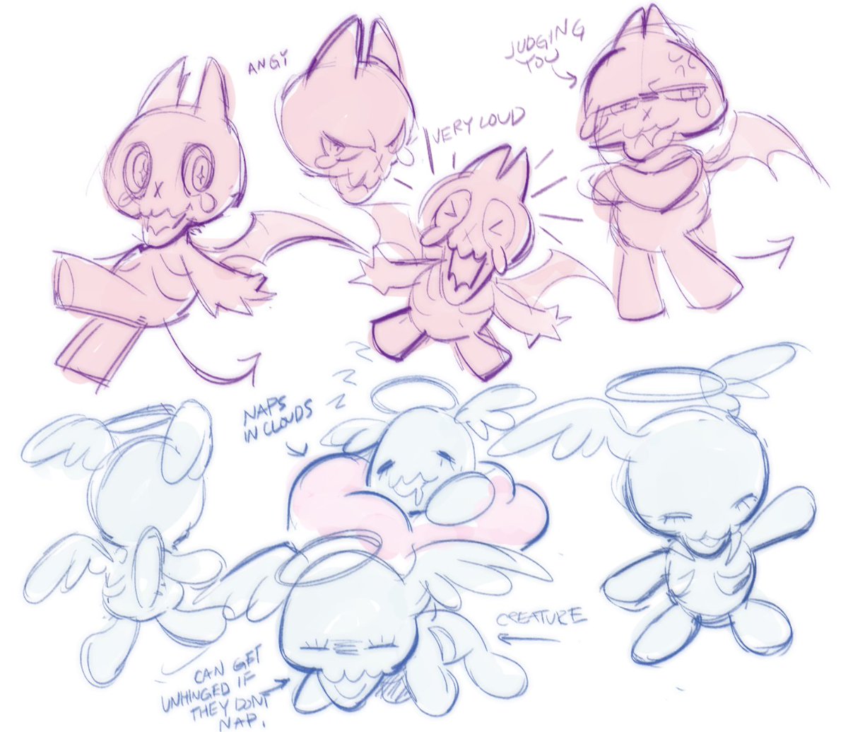 [OCs]
so i wanted to introduce yall to my lil guys who are very bad at being the angel and devil on your shoulder 