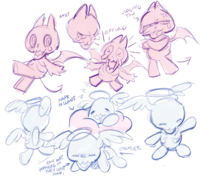 [OCs]
so i wanted to introduce yall to my lil guys who are very bad at being the angel and devil on your shoulder 