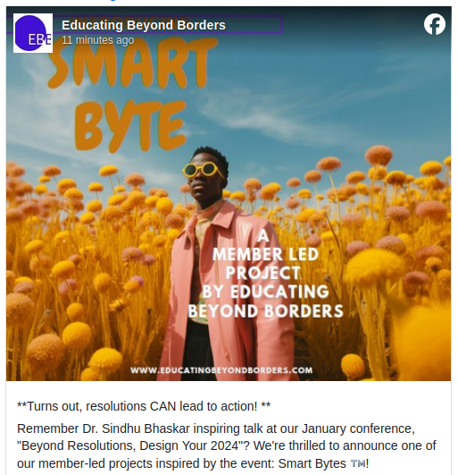 Beyond Resolutions, Beyond Expectations! Smart Bytes is Here! We are proud to announce Smart Bytes, a member-led project to tackle food insecurity. ‍ This is just 1 of 5 incredible member-led projects inspired by our Jan 2024 conference! #FoodSecurity #Education #Sustainability