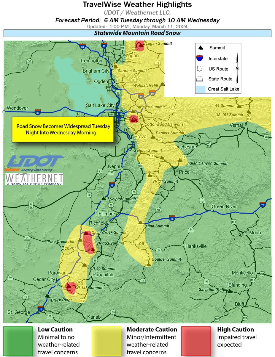 UDOTTRAFFIC's tweet photo. Road Weather Alert:  Statewide Mountain Road Snow 6 AM Tue - 10 AM Wed.  For more information, please visit: https://t.co/QrWh3RKePZ #utwx #utsnow @UtahTrucking https://t.co/MrGkWa8b1A