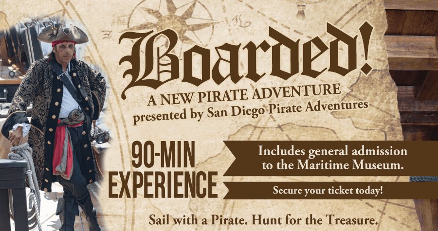 BOARDED! A New Pirate Adventure presented by San Diego Pirate Adventures with @sdmaritime Upcoming 2024 performance dates, two shows per date: �March 23�May 18�July 13�Sept 21�Oct 19�Nov 30�Dec 28 sdmaritime.org/visit/on-the-w… #sandiego #sandiegopirates