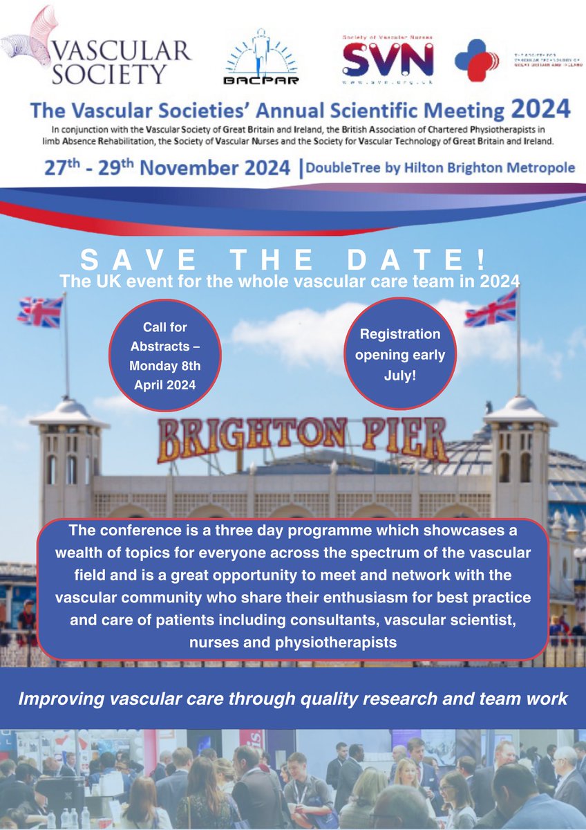 🚨SAVE THE DATE!! 🚨 The Vascular Societies’ Annual Scientific Meeting 2024! 📅 27-29th November 2024 📍 Brighton Further details released soon!