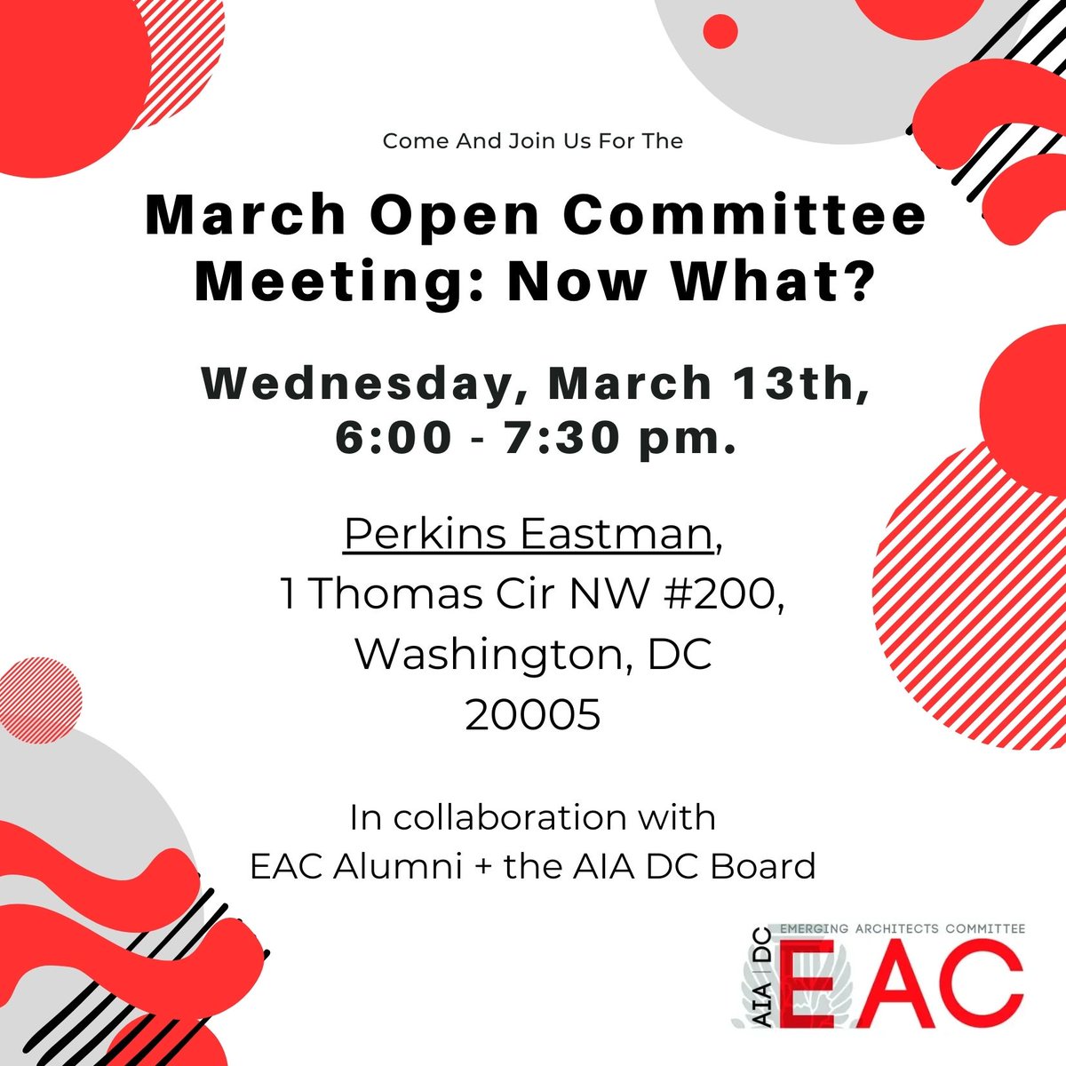 AIAdcEAC's tweet image. Join us at @PerkinsEastman on Wednesday, March 13th, at 6:00 pm. Two fantastic guests from the @WashingtonDCAIA Board of Directors will join us for our open discussion; Abigail R. Brown, FAIA, and Mika Naraynsingh, AIA.
