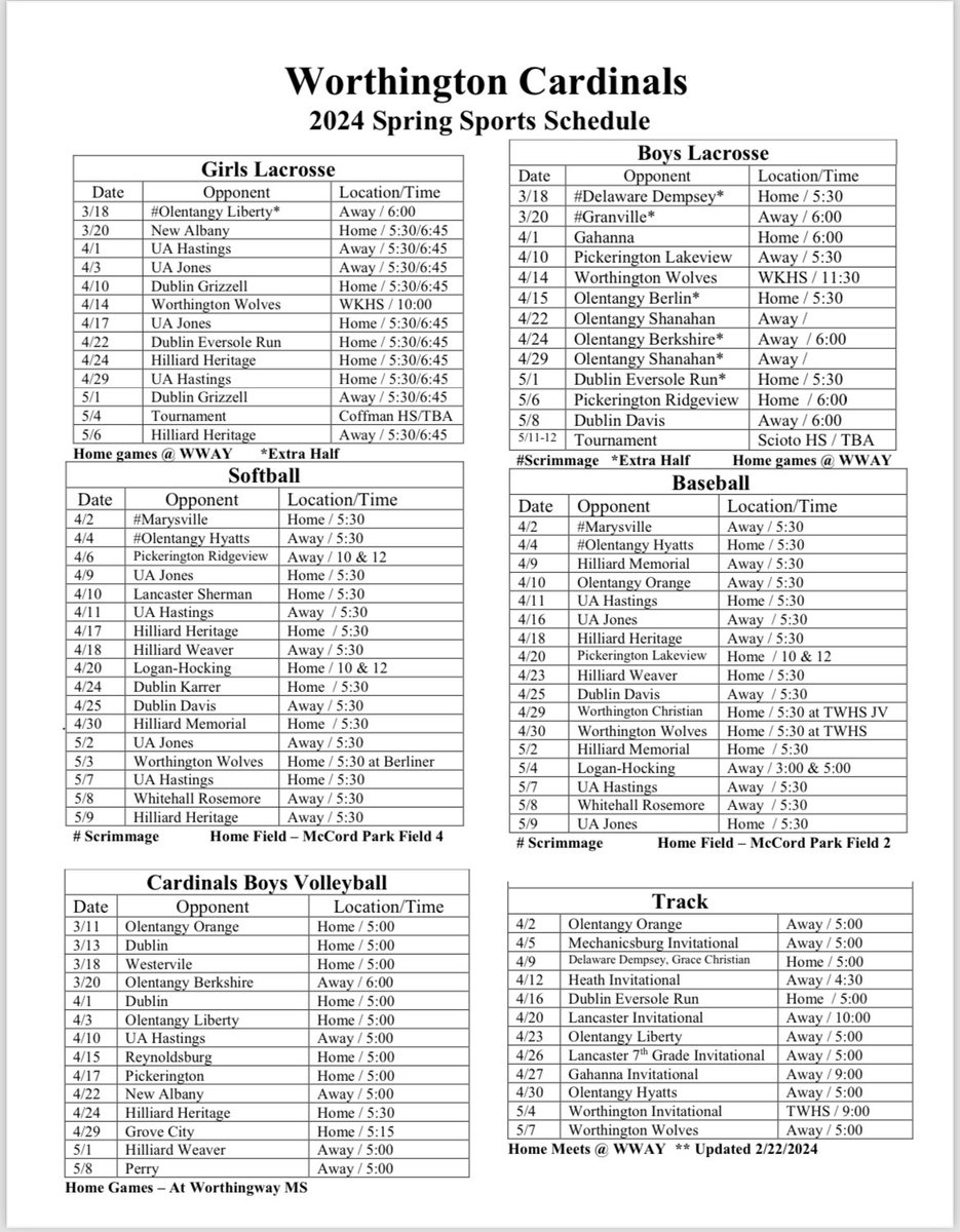 Spring Sports action starts tonight as boys volleyball hosts Olentangy Orange! 

All the spring events can be found below - come check out the Cardinals compete! #GoCards
