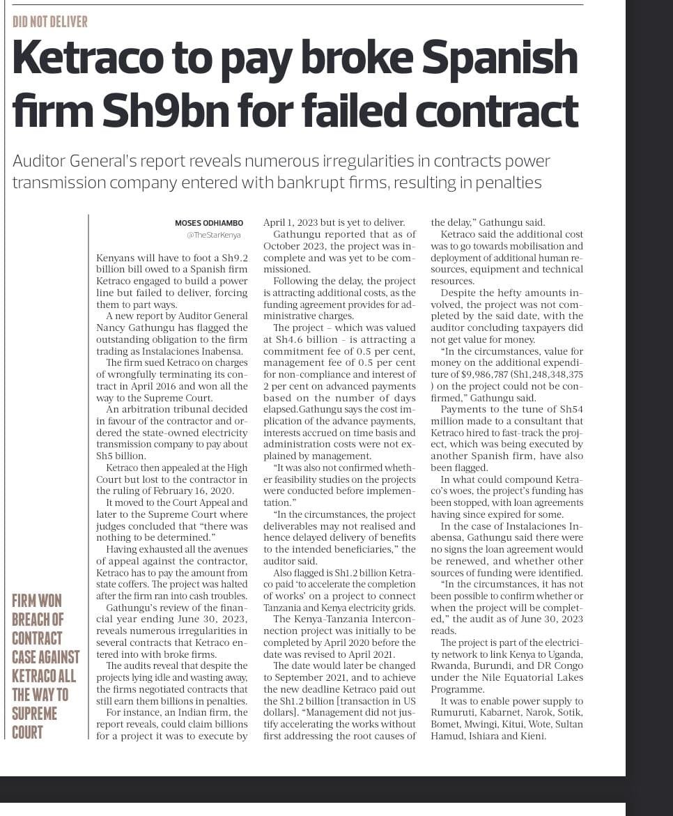 Kenyan taxpayers may be on the hook for a staggering KES 9B due to a botched contract between KETRACO and a Spanish firm.

[@TheStarKenya]
