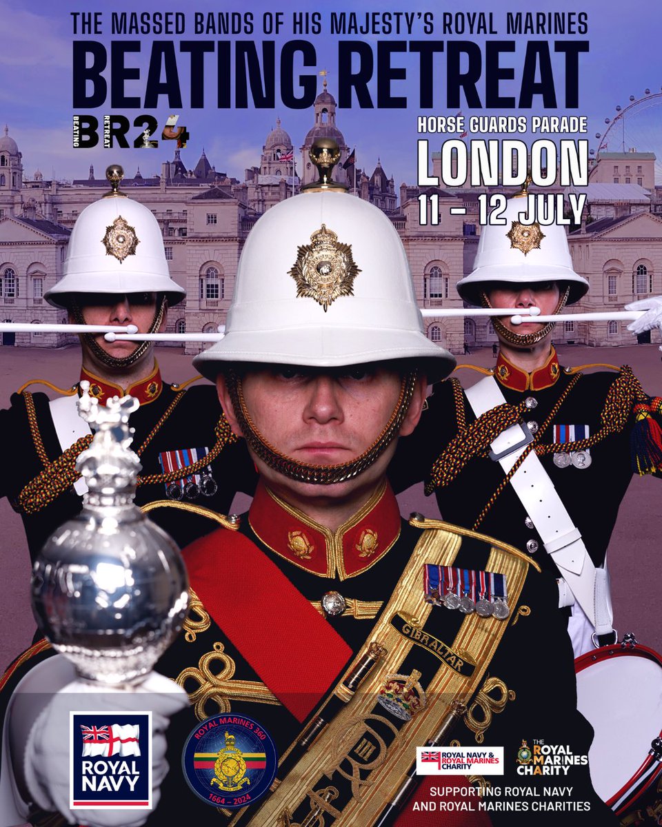 Beating Retreat 2024 tickets are now on sale. 🎟 All profits from this event go to @RNRMC and @theRMcharity tickets.rnrmc.org.uk/navy-beating-r… @RoyalNavy @RoyalMarines @GlobenLaurel #BeatingRetreat2024 #BR24 #militarymusicians #militarymusic #marchingbands #musicians #RMBS