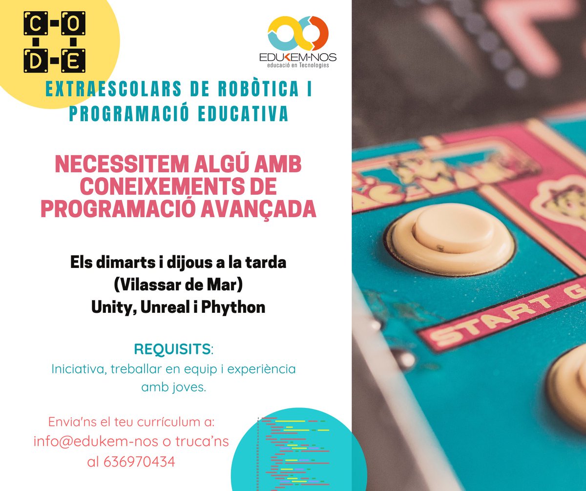 Busquem algú per fer extraescolars de programació avançada a joves, a Vilassar de Mar. #cercafeina #borsatreball #unity #unreal #vilassardemar #maresme #mataró #tecnocampus