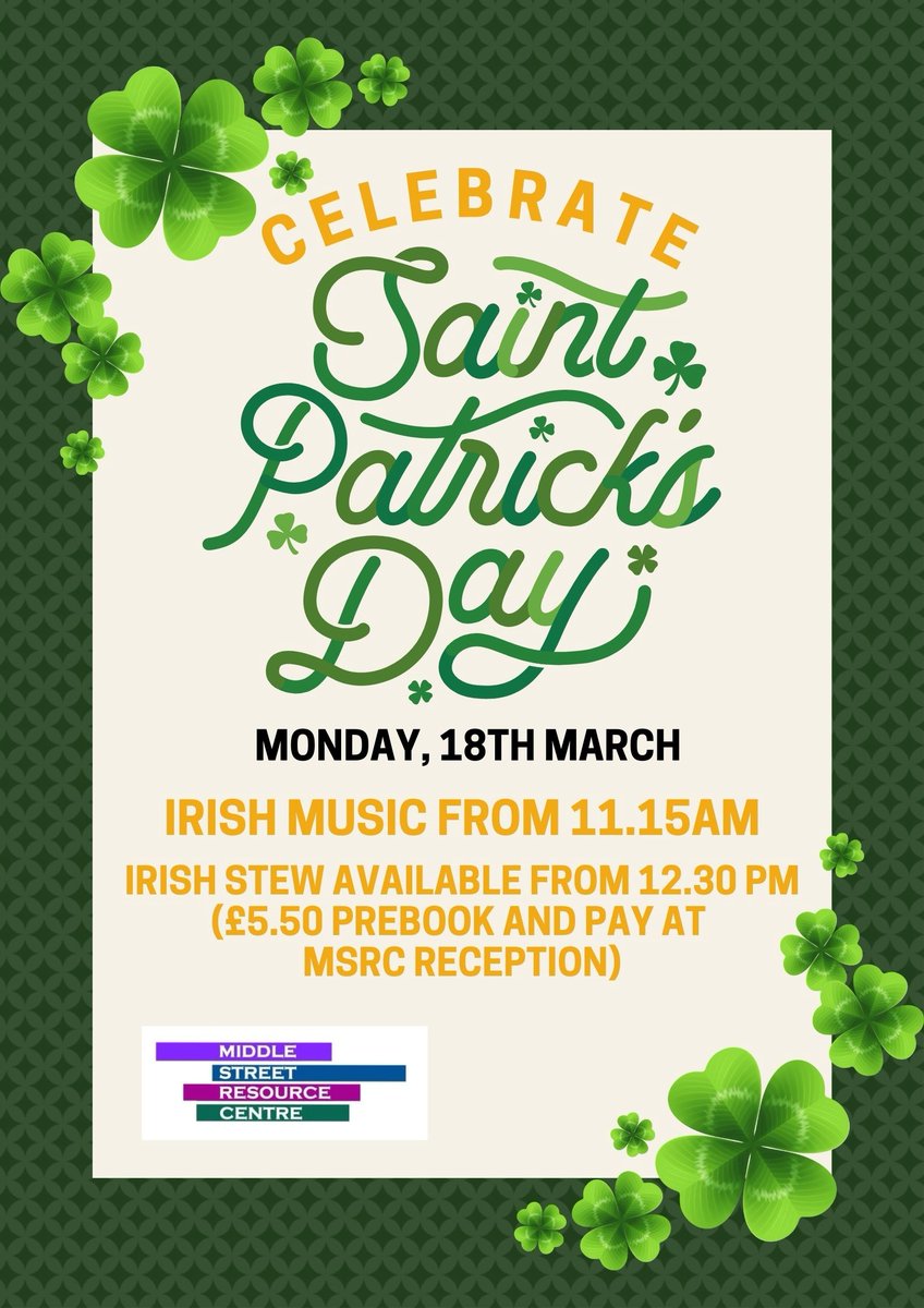 Middle Street Resource Centre are celebrating St Patricks Day 18th March Irish music from 11:15 and Irish Stew from 12:30 @74msrc @SouthNottsPBP @broxtowebc