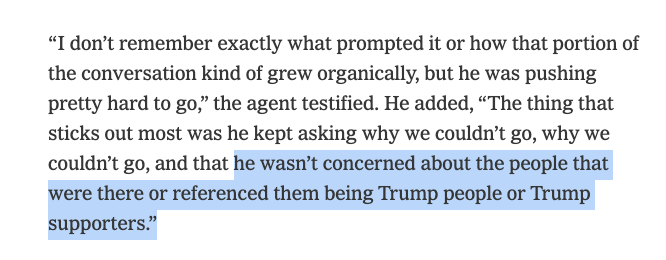 The NYT (@lukebroadwater) has obtained the transcript of Trump's Jan. 6 Secret Service driver, and it includes this eye-popping testimony that Trump, at ~1:15pm, wasn't worried for his safety at the Capitol because they were his supporters. But... (1/2) nytimes.com/2024/03/11/us/…