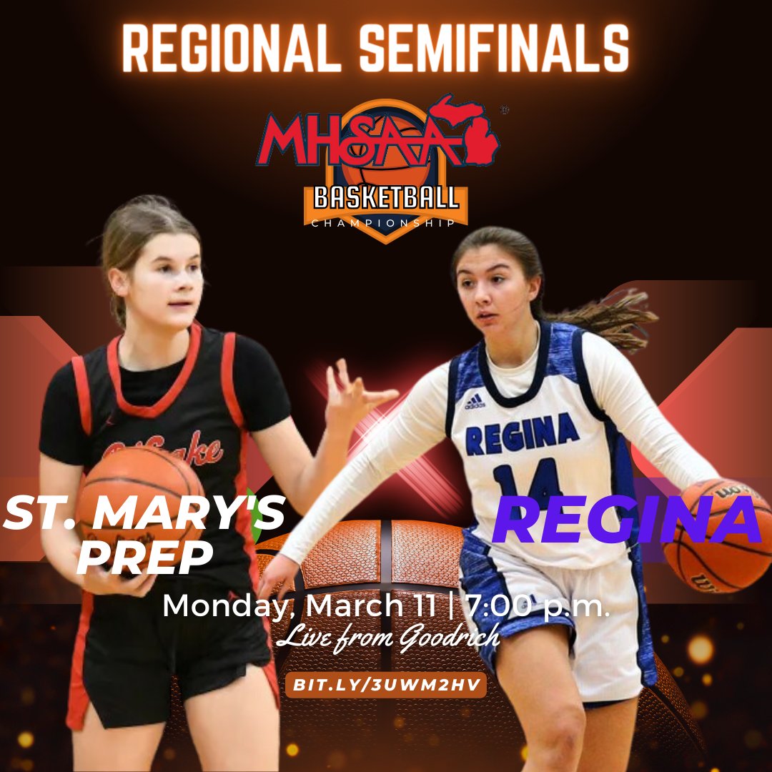 Prep Girls Hoops Michigan (@pgh_michigan) on Twitter photo 🏀Regional Semifinals at Goodrich
<a href="/OLSMGirlsBBall/">St. Mary's Girls Basketball</a> vs. <a href="/RHSSaddlelites/">Regina Saddlelites</a> today 7 pm
Watch Live on the #NFHSNetwork here ➡️ bit.ly/3uWM2Hv
<a href="/OLSMUpdates/">OLSM Updates</a> @allie_crighton <a href="/LaylaStewart_3/">Layla Stewart</a> <a href="/StellaPoota/">Stella Poota</a> <a href="/ReginaWarrenMI/">Regina High School</a> <a href="/missfrikken/">Emily Frikken</a> <a href="/Dad71Pilot/">PilotDad71</a> <a href="/ReginaSball/">Regina Softball</a> 🏀Regional Semifinals at Goodrich
<a href="/OLSMGirlsBBall/">St. Mary's Girls Basketball</a> vs. <a href="/RHSSaddlelites/">Regina Saddlelites</a> today 7 pm
Watch Live on the #NFHSNetwork here ➡️ bit.ly/3uWM2Hv
<a href="/OLSMUpdates/">OLSM Updates</a> @allie_crighton <a href="/LaylaStewart_3/">Layla Stewart</a> <a href="/StellaPoota/">Stella Poota</a> <a href="/ReginaWarrenMI/">Regina High School</a> <a href="/missfrikken/">Emily Frikken</a> <a href="/Dad71Pilot/">PilotDad71</a> <a href="/ReginaSball/">Regina Softball</a>