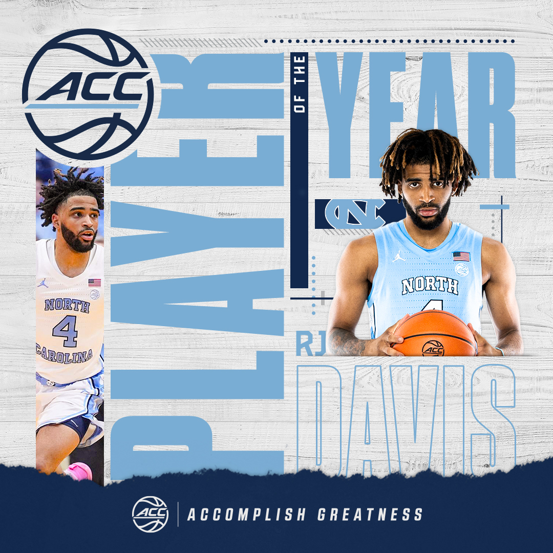 𝗔𝗖𝗖 𝗠𝗘𝗡'𝗦 𝗕𝗔𝗦𝗞𝗘𝗧𝗕𝗔𝗟𝗟 𝗣𝗟𝗔𝗬𝗘𝗥 𝗢𝗙 𝗧𝗛𝗘 𝗬𝗘𝗔𝗥 🏀 RJ Davis, @UNC_Basketball #AccomplishGreatness | theacc.co/2324allaccmbb