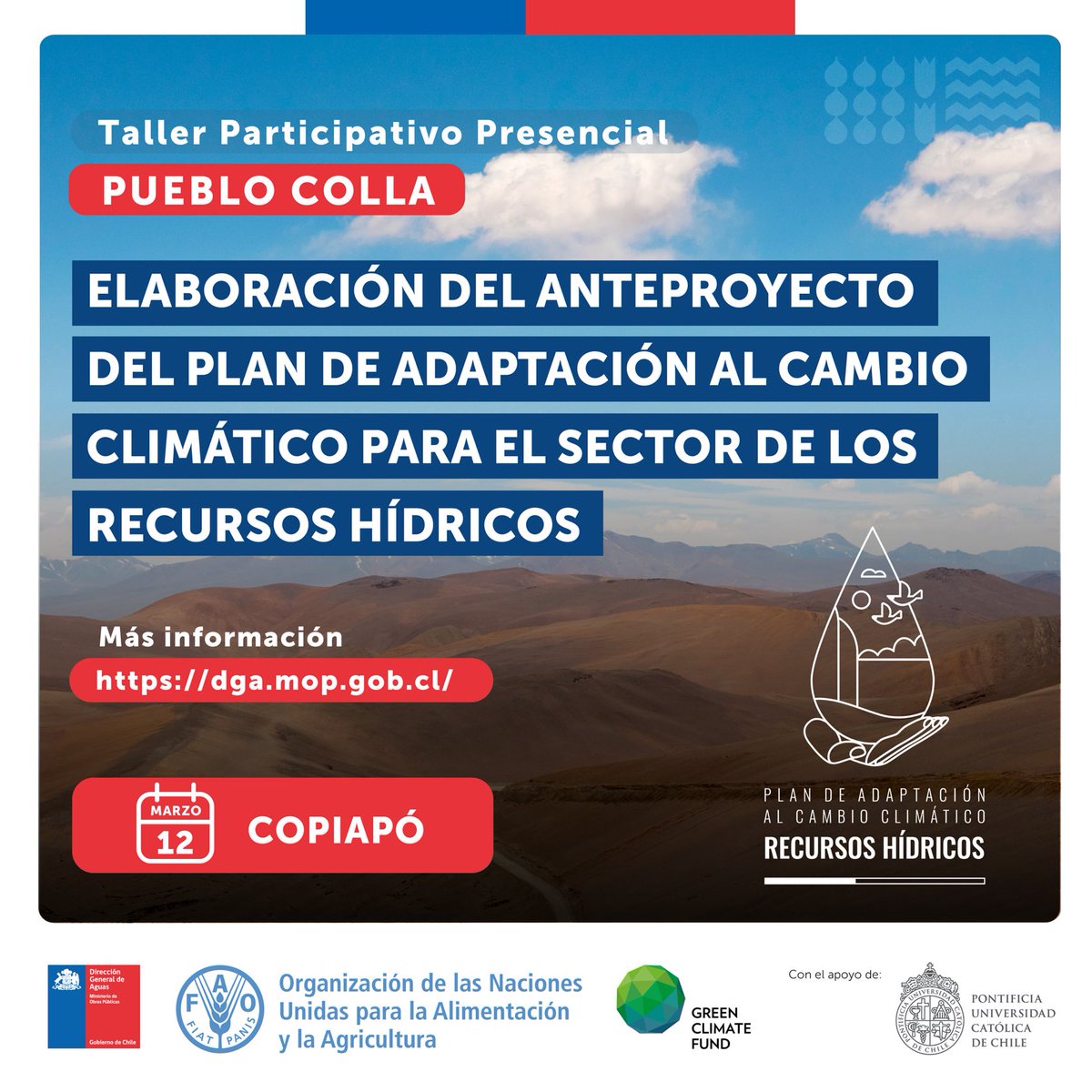 👷‍♀️☝🏻Recuerda ! 
🗓️ Mañana 12 de marzo es el taller participativo!
📍#Copiapo: Pueblo Colla
Lugar: Sala D21 Facultad de Ingeniería, Universidad de Atacama, Av. Copayapu #485, Edificio de Industria y Negocios, segundo piso.
👉🏻Inscripción: snia.mop.gob.cl/pacc-rh/taller…