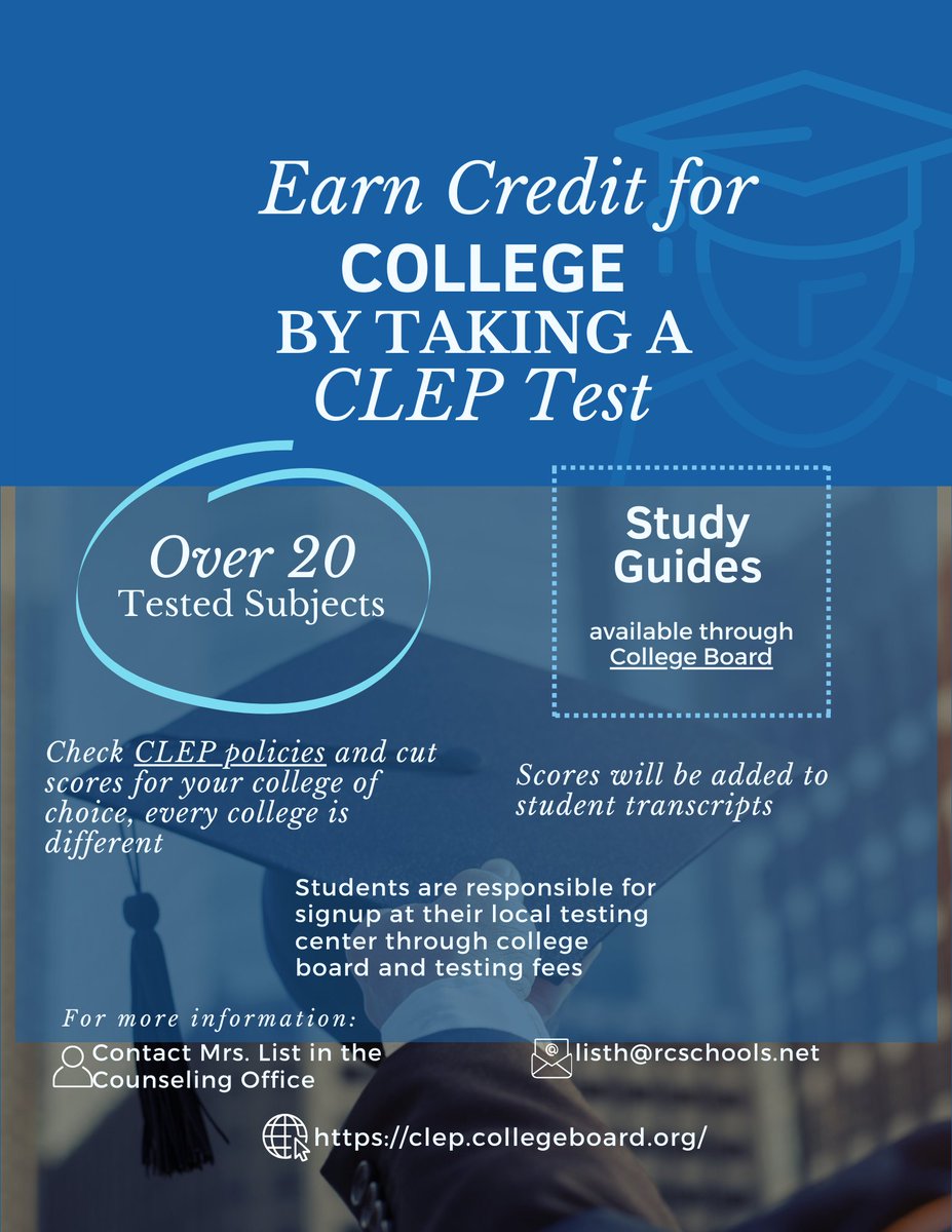Juniors and Seniors!

Here is an additional way to earn College Credit!

For more info, contact Ms. List in the Counseling Office.

Here are the links on the poster:
clep.collegeboard.org/prepare-for-an…

clep.collegeboard.org/clep-college-c…