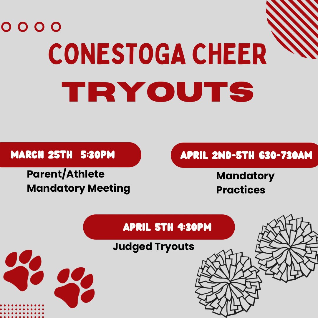 Want to become a Conestoga Cheerleader? Please fill out the link below and save these important dates. Please reach out to Coach Summer with any questions. 

forms.gle/kNoMwriaYQWR8A…