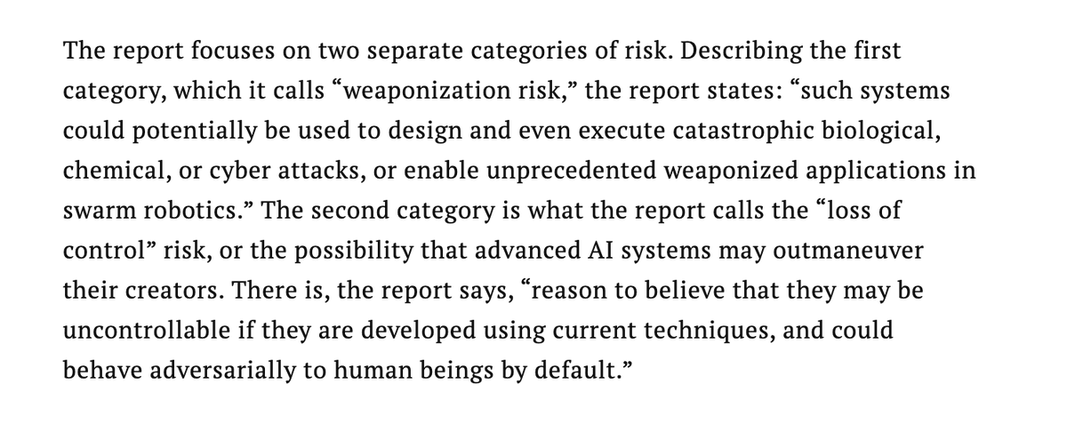Great to see a US Gov commissioned report saying this. Not pulling any punches in using the word 'default': 'could behave adversarially to human beings by default' Hope the US government takes heed of the recommendations!