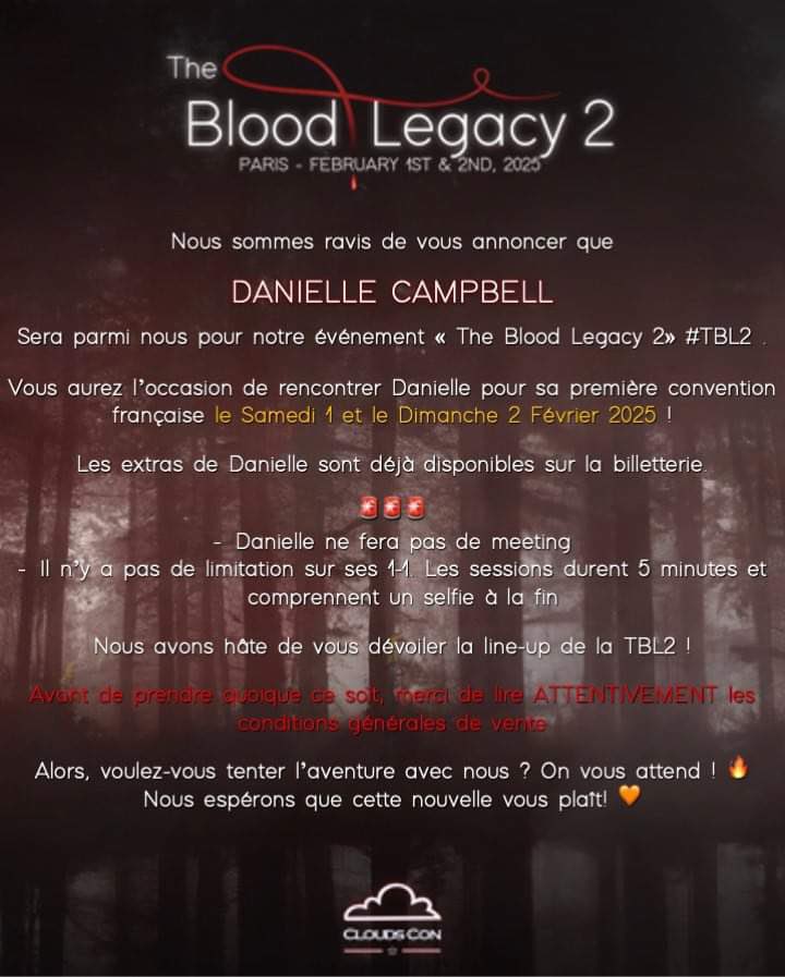 StarsConvs's tweet photo. #TBL2 #TheBloodLegacy2 🩸

We are so thrilled to announce that DANIELLE CAMPBELL  is our 4th guest for our #TheBloodLegacy2 convention next February in Paris 🩸

🗓️ February 1st AND 2nd, 2025
📍 Paris, FRANCE 🇫🇷

🎟️ https://t.co/qmyavXe56v

#theoriginals #davina #TBL2 #tellmeastory