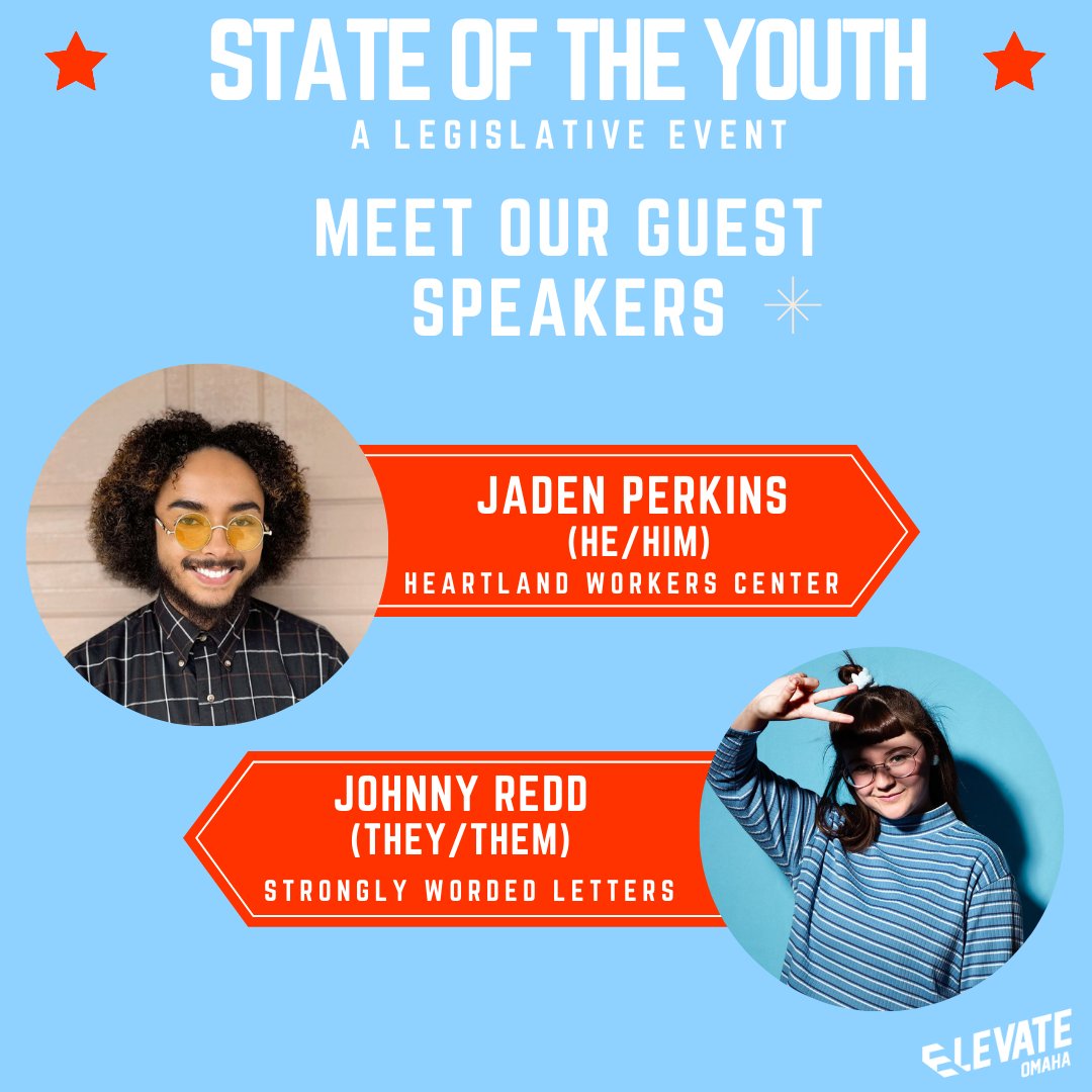 elevate_omaha's tweet photo. Meet our next guest speakers for State of the Youth: A Legislative Event. They are Jaden Perkins (He/Him) and Johnny Red (They/Them).  They’ll be sharing bits of knowledge on the current state of the Nebraska Legislature and how young people can get involved! https://t.co/O4cIOjSePj