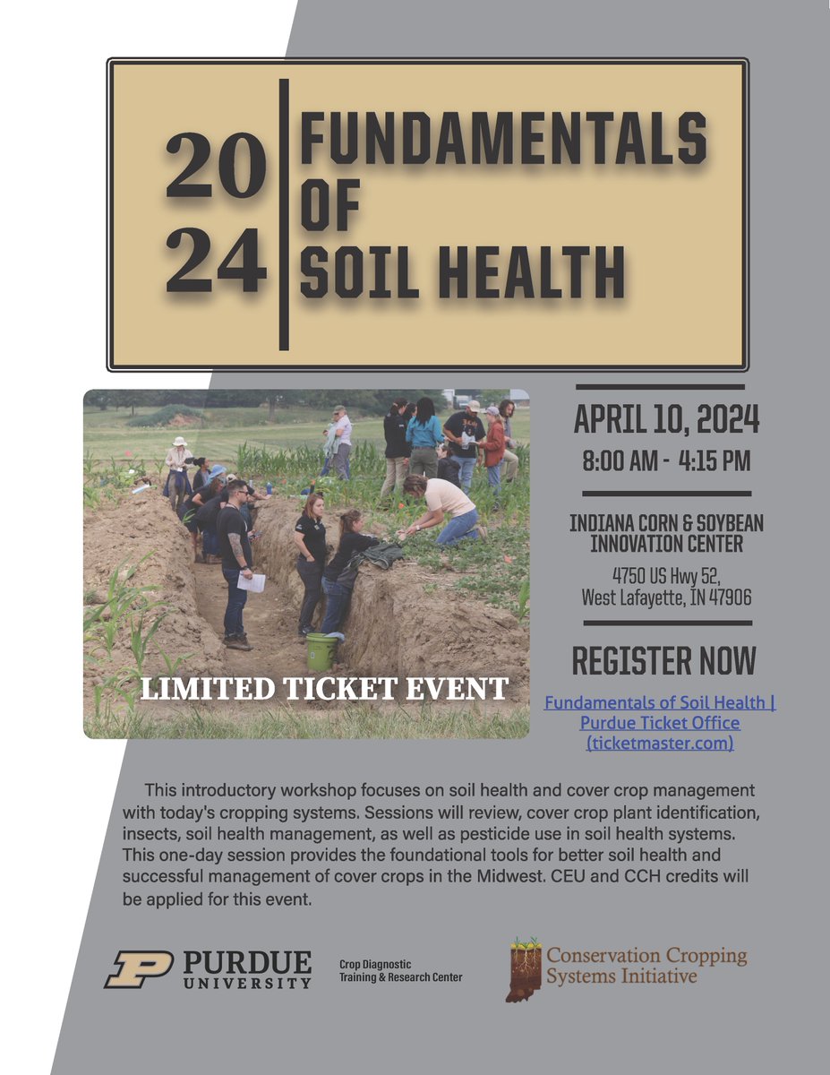 🚨DTC is now offering: Fundamentals of Soil Health on 4.10.24. A one-day foundational course providing cover crop ID, insect + soil health mgmt., &amp; cover crop termination. Applied for CEU + CCH credits. Limited space, register early: ag.purdue.edu/events/departm…