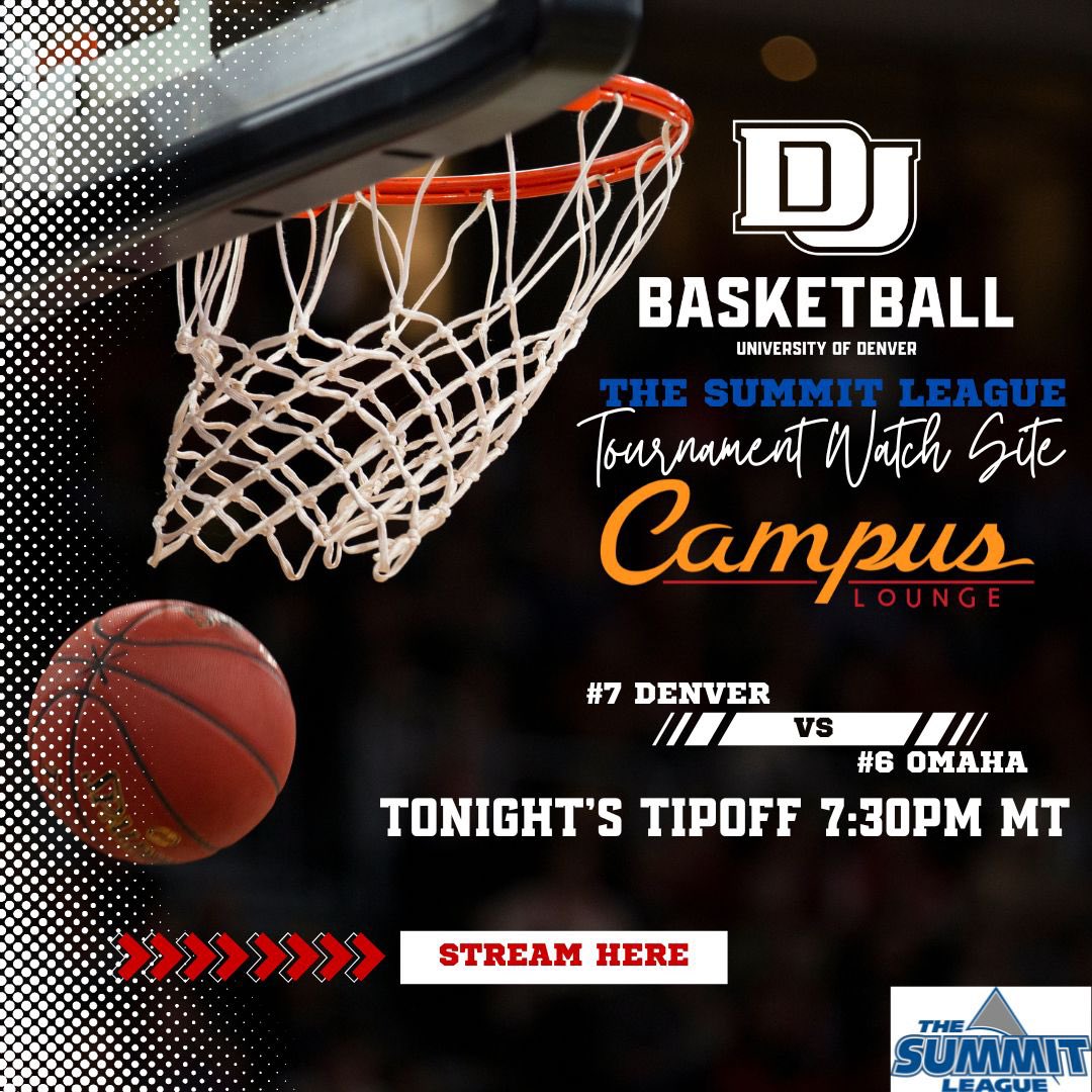 DenverNIL's tweet image. Join us tonight for the semifinals!

What: Summit League Basketball Semifinal, DU v Omaha
When: 7:30 Tipoff
Where: Campus Lounge, 701 S University Blvd, Denver, CO  80209