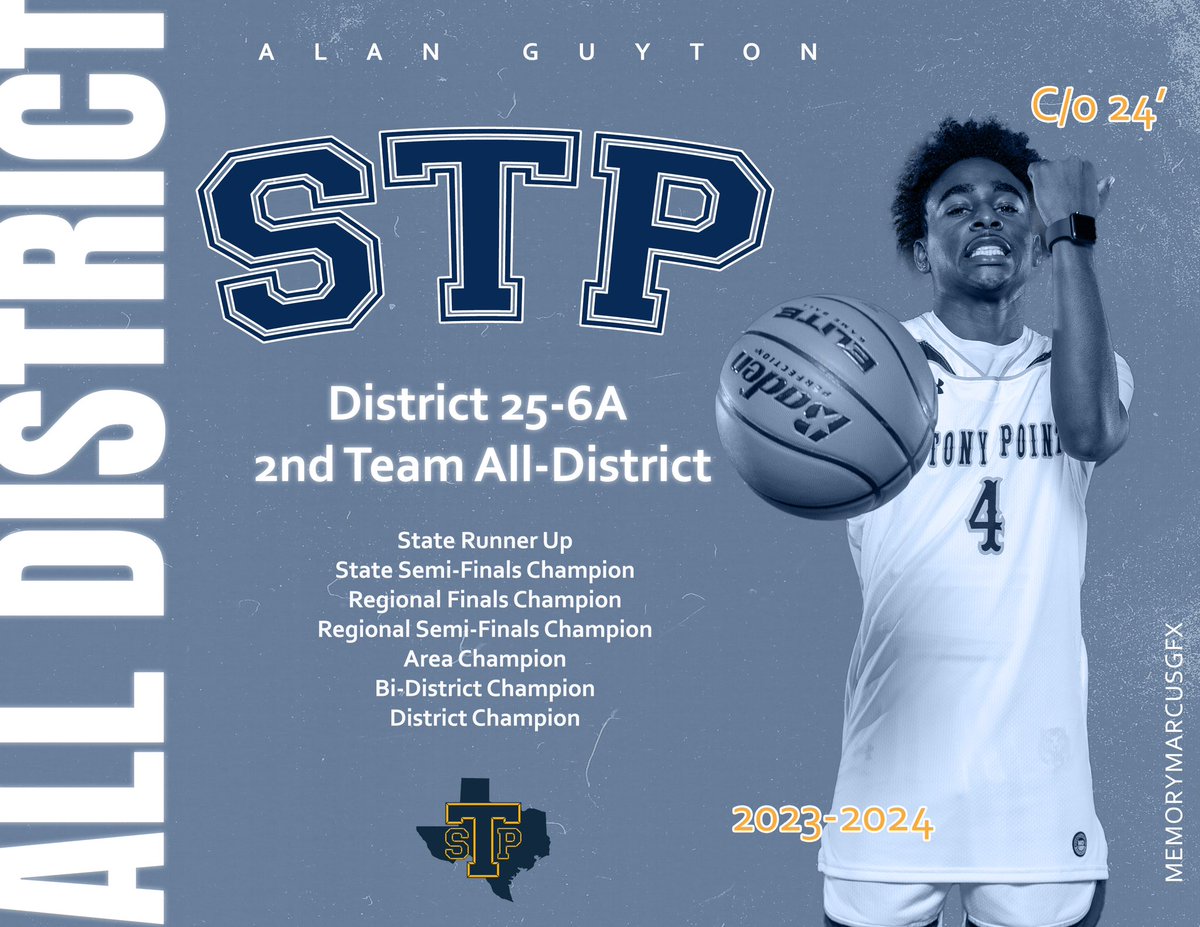 STPTigerHoops's tweet image. ▶️ @AlanGuyton_1 selected to the 25-6A 2nd Team All-District 🏀 team for the 2023-2024 season. @RoundRockISD 

DROPPED DIMES‼️ 

🐅🏀: 🇨🇱 6A State Runner Up (Historic 38-2 season, best in school history) @statesman @MaxPreps @Tabchoops @txuilbasketball #memorymarcusgfx