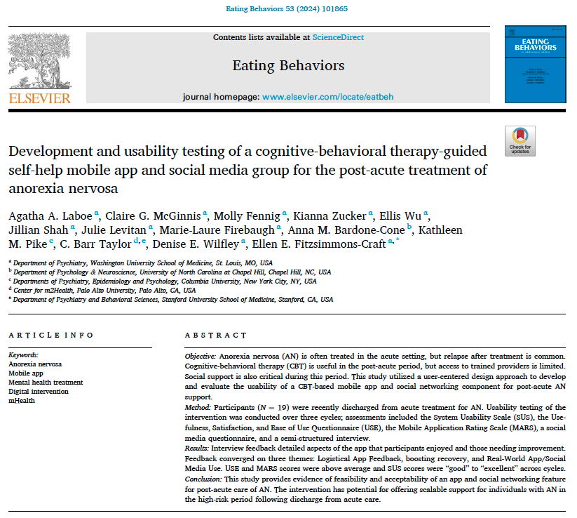 Our paper on user-centered design of CBTgsh app for  post-acute tx of #anorexianervosa is out in Eat Behav! Led by @AggieLaboe &amp; w/ <a href="/mollyfennig/">Molly Fennig Steinhoff, MA</a> &amp; many others, we found high feasibility &amp; acceptability. Very excited about potential to bridge treatment gap! sciencedirect.com/science/articl…