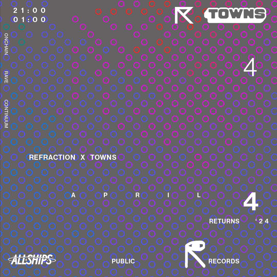 On April 4th, Refraction returns to Public Records, our 2nd home <a href="/233butler/">public records</a> in Brooklyn. Alongside <a href="/townsxyz/">Towns</a>, we’re taking over 2 floors for an all-night sonic session. The crew at <a href="/ALLSHIPS/">ALLSHIPS</a> join us in curating the visual artwork for the night. 

Music lineup coming soon.