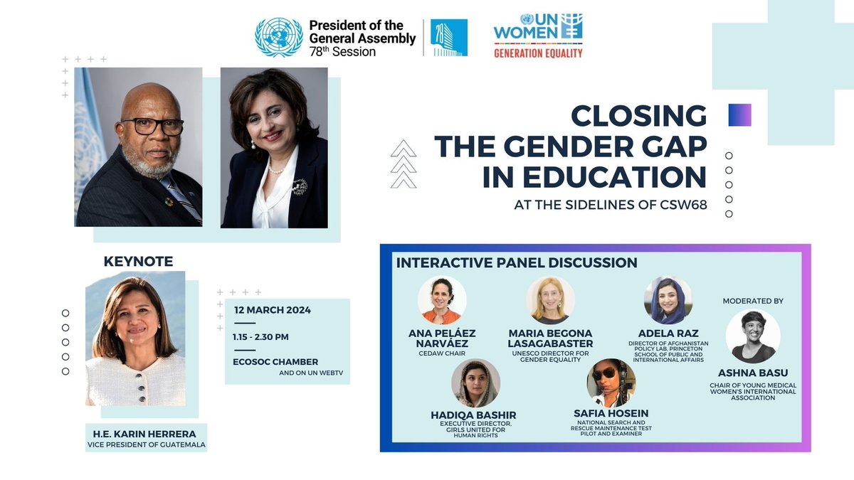 Happening tomorrow on the sidelines of #CSW68! Join the discussion to #CloseTheGenderGap in Education. 📆 Tuesday, 12 March 2024 📍 ECOSOC Chamber 📺 webtv.un.org/en/asset/k11/k…