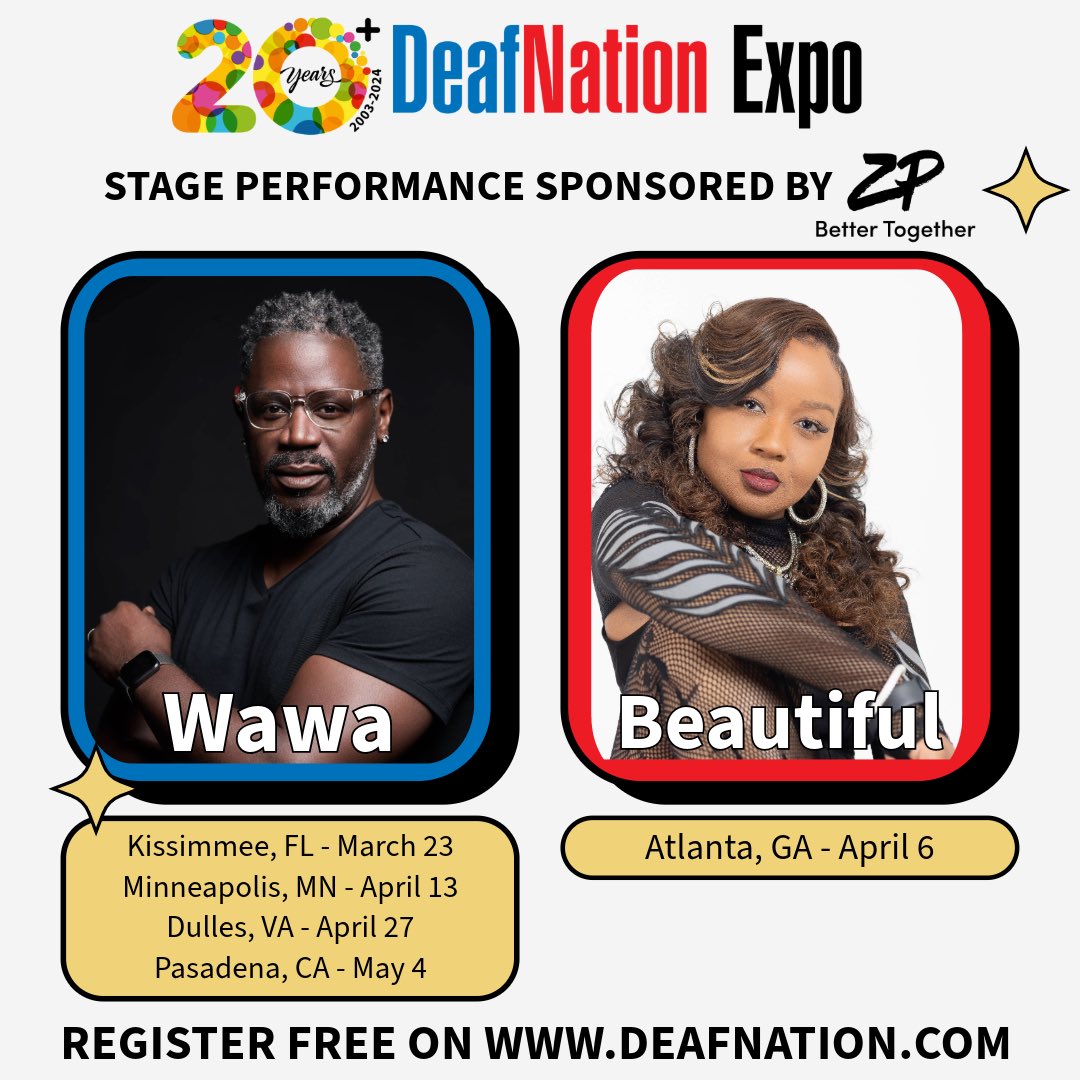 DeafNation (@deafnation) on Twitter photo Get ready for electrifying performances by Wawa's World and Beautiful Artist at the spring <a href="/deafnation/">DeafNation</a> Expo! 🌟 Proudly sponsored by @zvrs, this stage show promises to dazzle and inspire. Register for free at DeafNation.com to be part of the excitement! #Deaf #Expo Get ready for electrifying performances by Wawa's World and Beautiful Artist at the spring <a href="/deafnation/">DeafNation</a> Expo! 🌟 Proudly sponsored by @zvrs, this stage show promises to dazzle and inspire. Register for free at DeafNation.com to be part of the excitement! #Deaf #Expo