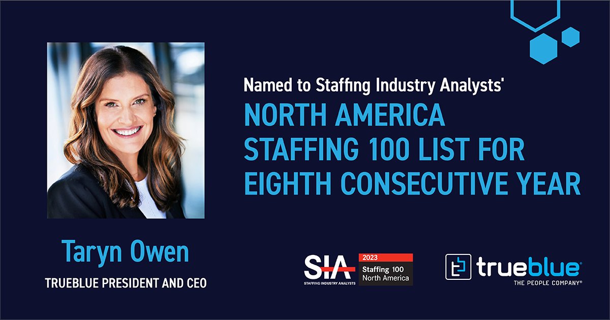 We are pleased to share that TrueBlue President and CEO Taryn Owen has been named to SIA’s North America Staffing 100 List for the eighth consecutive year! Read more about her recurring appearance on the prestigious list: bit.ly/4a5M7I0 #ThePeopleCompany