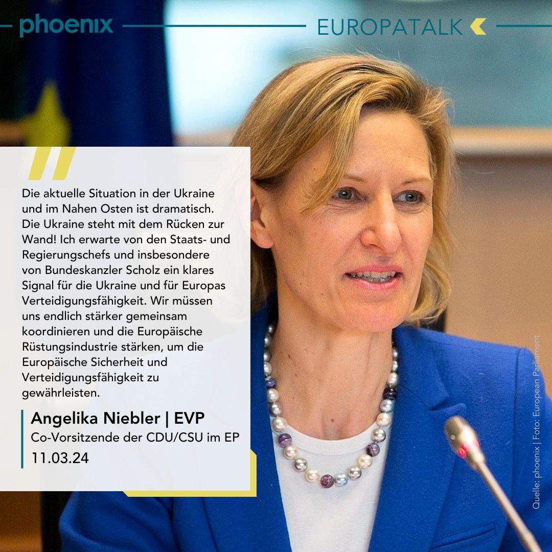 Auch die @EVP_DE-Politikerin @ANiebler diskutiert morgen im #europatalk. Sie erwartet vom kommenden EU-Gipfel 'ein klares Signal für die Ukraine und Europas Verteidigungsfähigkeit.' Das ganze Gespräch morgen live um 8.45 Uhr 📲phoenix.de/s/KDK