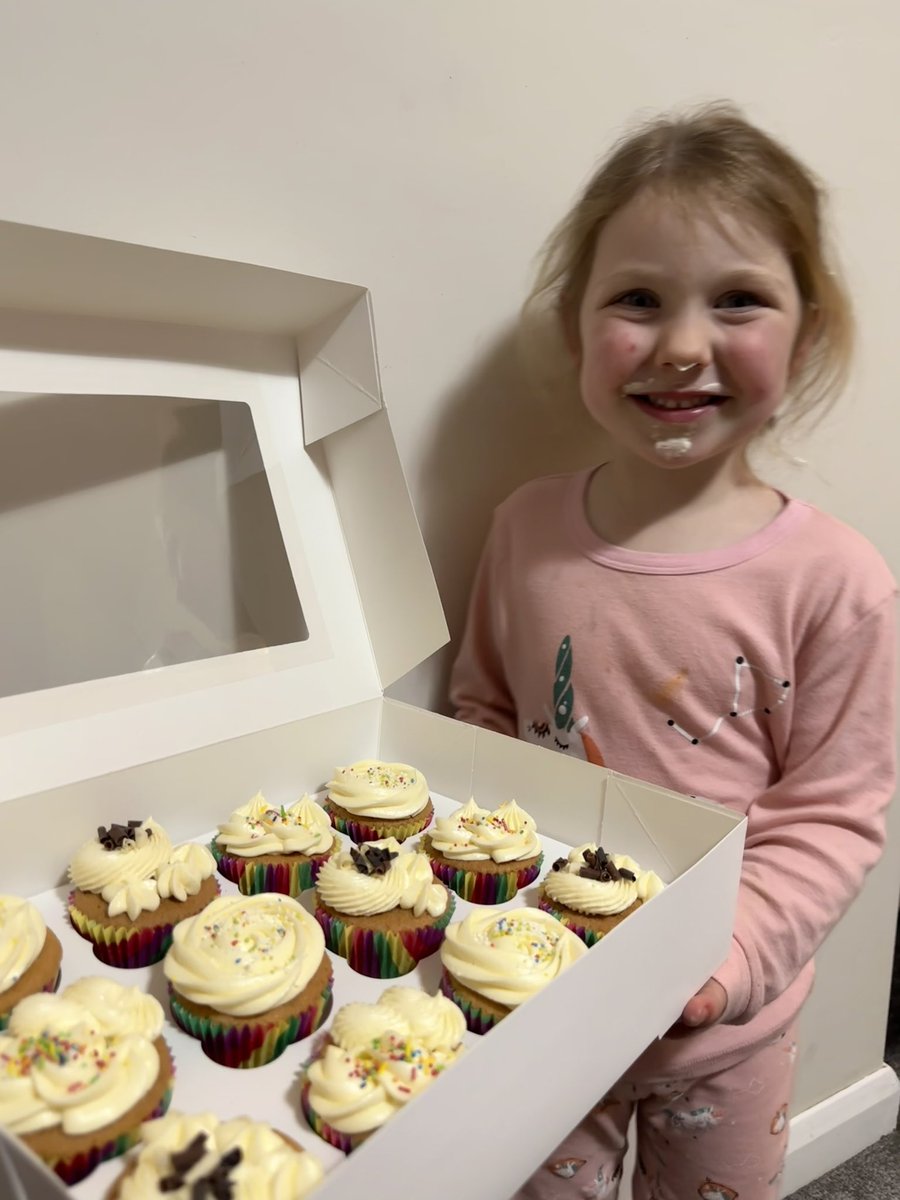 StephJHolland's tweet photo. @ThorpeHesleyPri Freya has been busy helping me make these ready for the bun sale on Wednesday! 🧁👩‍🍳
We made a few extra to try at home as evidenced on Freya’s face 😂 https://t.co/xJPX9sKhyp
