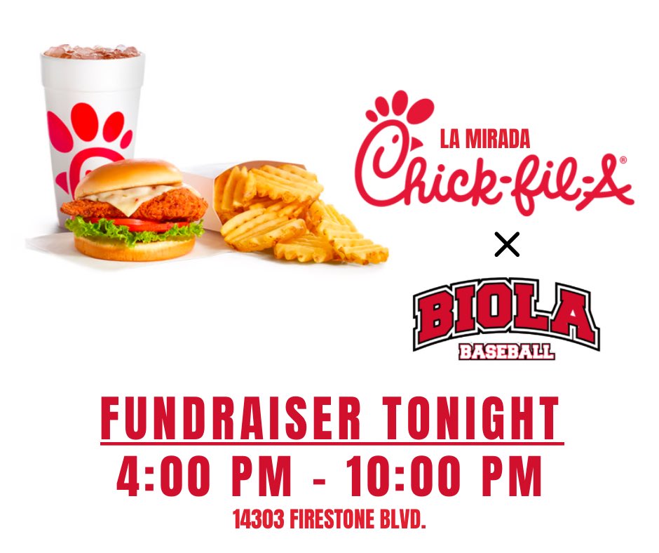 Tonight‼️ From 4:00 - 10:00, come support Biola Baseball at our Chick-Fil-A La Mirada fundraiser! Let them know you are with Biola Baseball and 10% of the sales go back to the program! 

#GoEagles