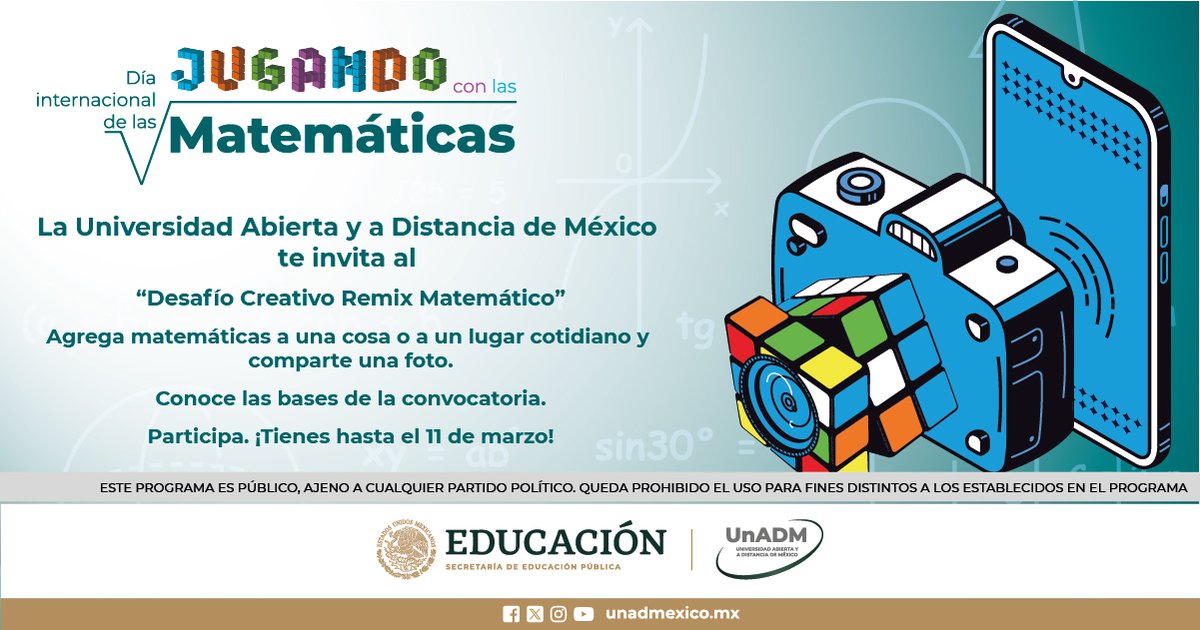 ¡ÚLTIMO DÍA! Participa en

🧮➗Desafío Remix Matemático➗🧮

Consulta las bases: 
unadmexico.mx/images/descarg… 

¡No te quedes fuera! 

#OrgulloyCorazonUnADM