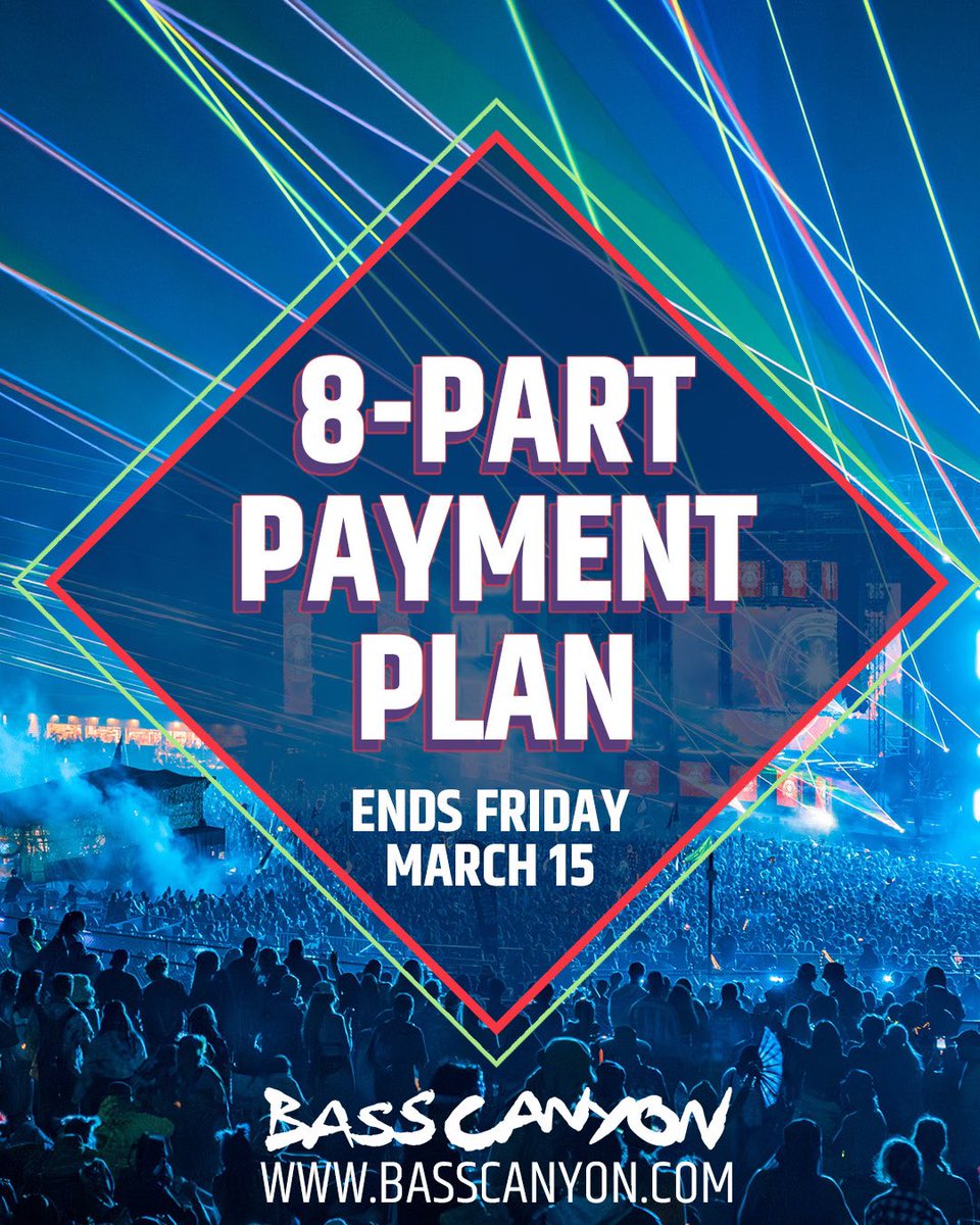 Bass Canyon fam, the 8-part payment plan ends this Friday! Lock in your tix now and split the rest over equal payments of 12.5% each, which will be the lowest payments offered. We can’t wait to see you at The Gorge ✨ Grab yours: basscanyon.com/tickets