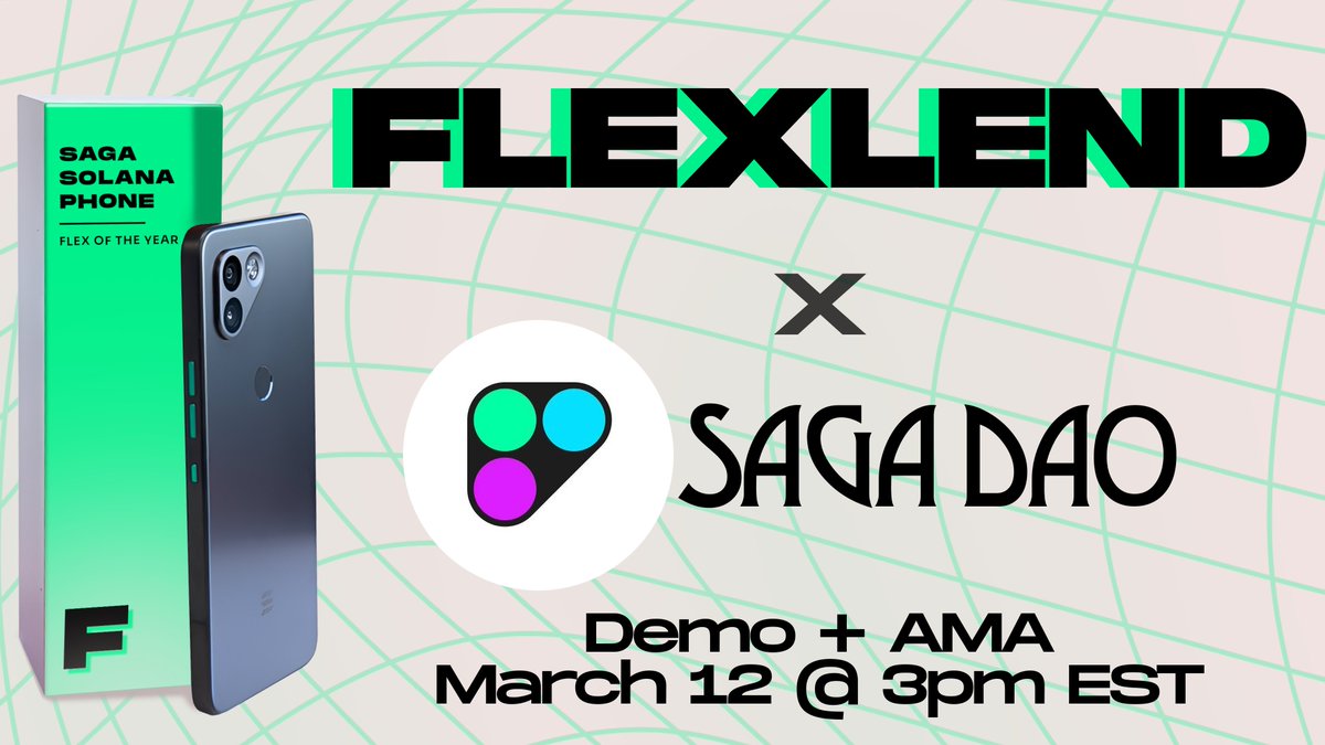 FLEXLEND x @SagaMobileDAO We're super pumped to join the Saga DAO tomorrow in their Discord server for a Demo + AMA. We'll review our Saga dApp, the Points Lift program, and more. 🗓️ Tuesday March 12 🕒 3 PM EST // 7 PM UTC Come for the tech, stay for the vibes. 💪 x 🌱