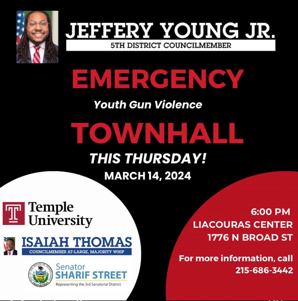 CM Jeffery Young, @SenSharifStreet and I will be hosting an emergency town hall on youth gun violence in our city. We know the ripple effect gun violence has on our families, friends, and communities, so mark your calendars and please spread the word.