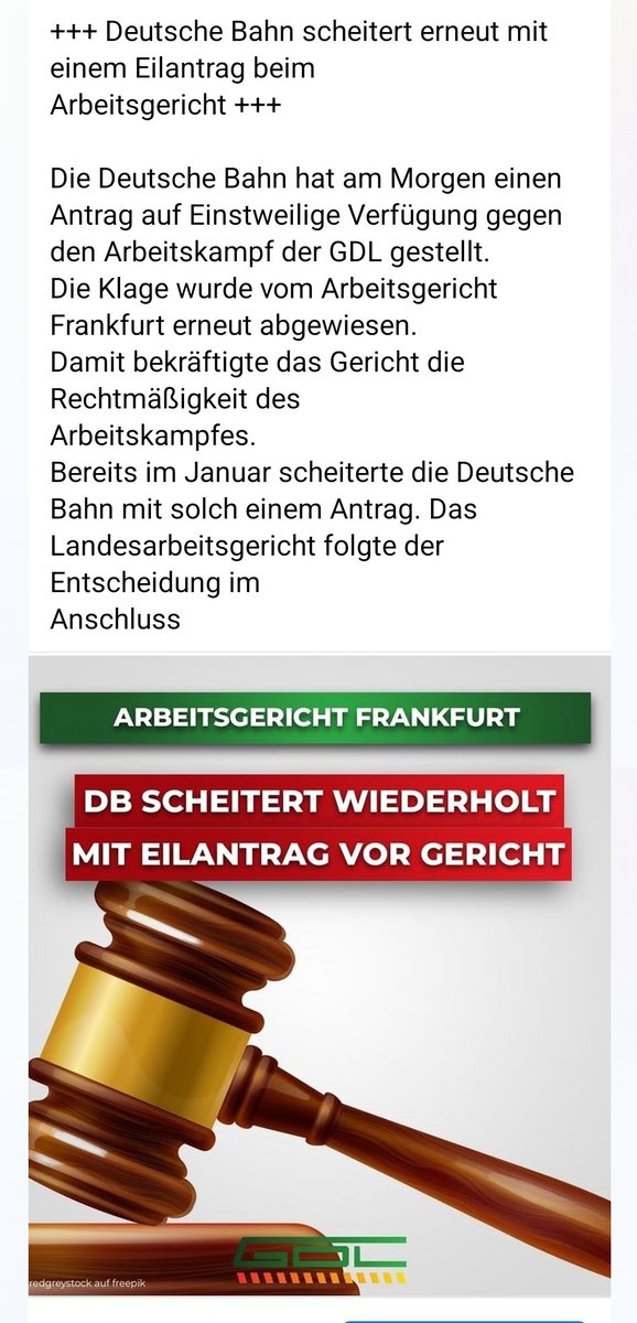 Deutsche Bahn scheitert erneut mit einem Eilantrag beim
Arbeitsgericht

#Streik #Tarifverhandlungen #DB #DeutscheBahn #GDL #Weselsky #Bahn #Arbeitskampf #BahnVorstand
