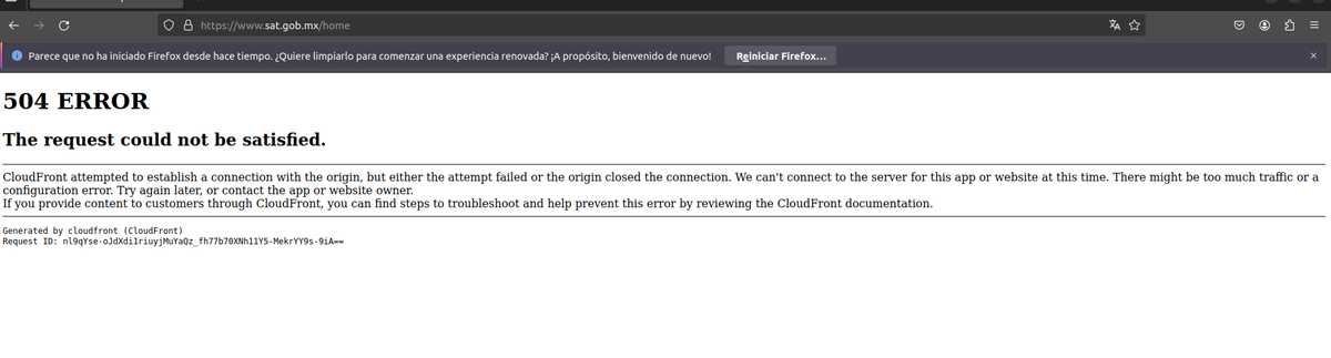 hola <a href="/SATMX/">SATMX</a> , estamos intentado acceder a su página web, cualquier sección , y obtenemos un 504.

Independientemente del dispositivo/navegador, hemos probado en varios.

tenéis previsto que se arregle pronto?