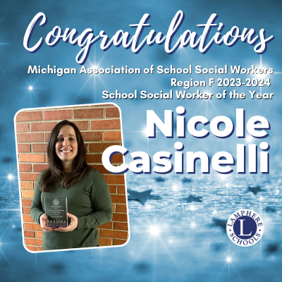 🎉 🌟 Join us in congratulating Nicole Casinelli - she's been named the Michigan Association of School Social Workers Region F 2023-2024 
School Social Worker of the Year 🌟⭐

#wearelamphere