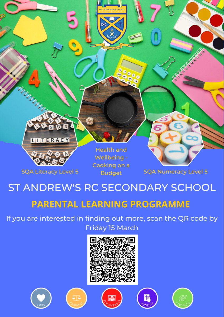 We are organising a Parental Learning Programme where parents/carers can take part in Literacy, Numeracy and Health & Wellbeing courses. Register your interest via the QR code below by Friday 15 March @StAndrewsrcpc @KeelanMelissa @MrsRERobertson